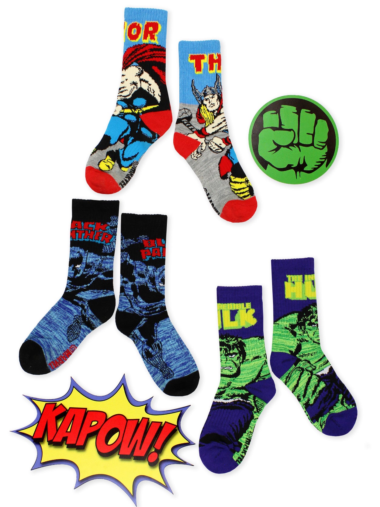 Hulk Sock Rip Marvel Avengers Black Panther Hulk Thor Crew Socks 3-Pack – Yankee Toybox