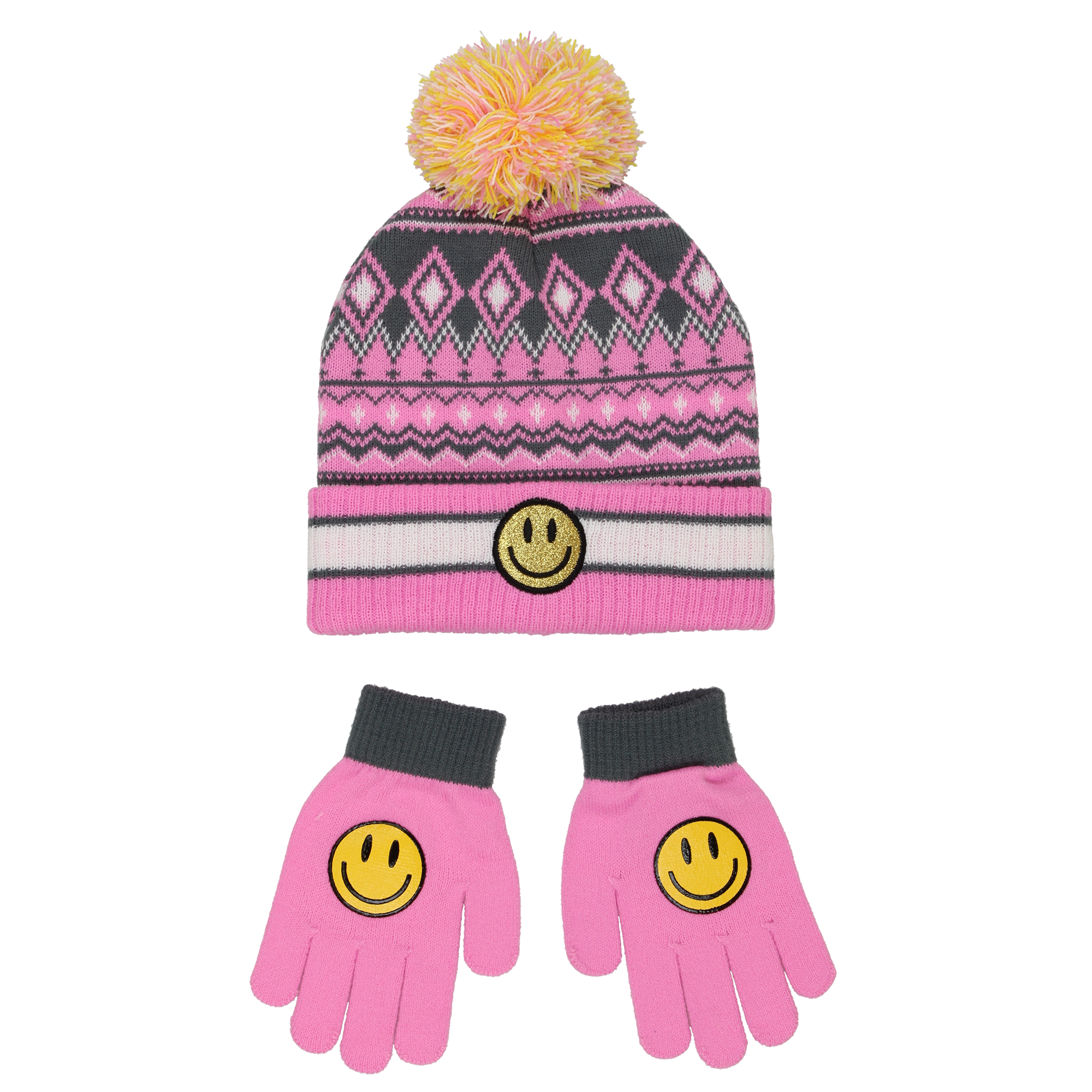 Yankee Toybox Big Kids Smiley Face Knit Pom Hat and Gloves Set