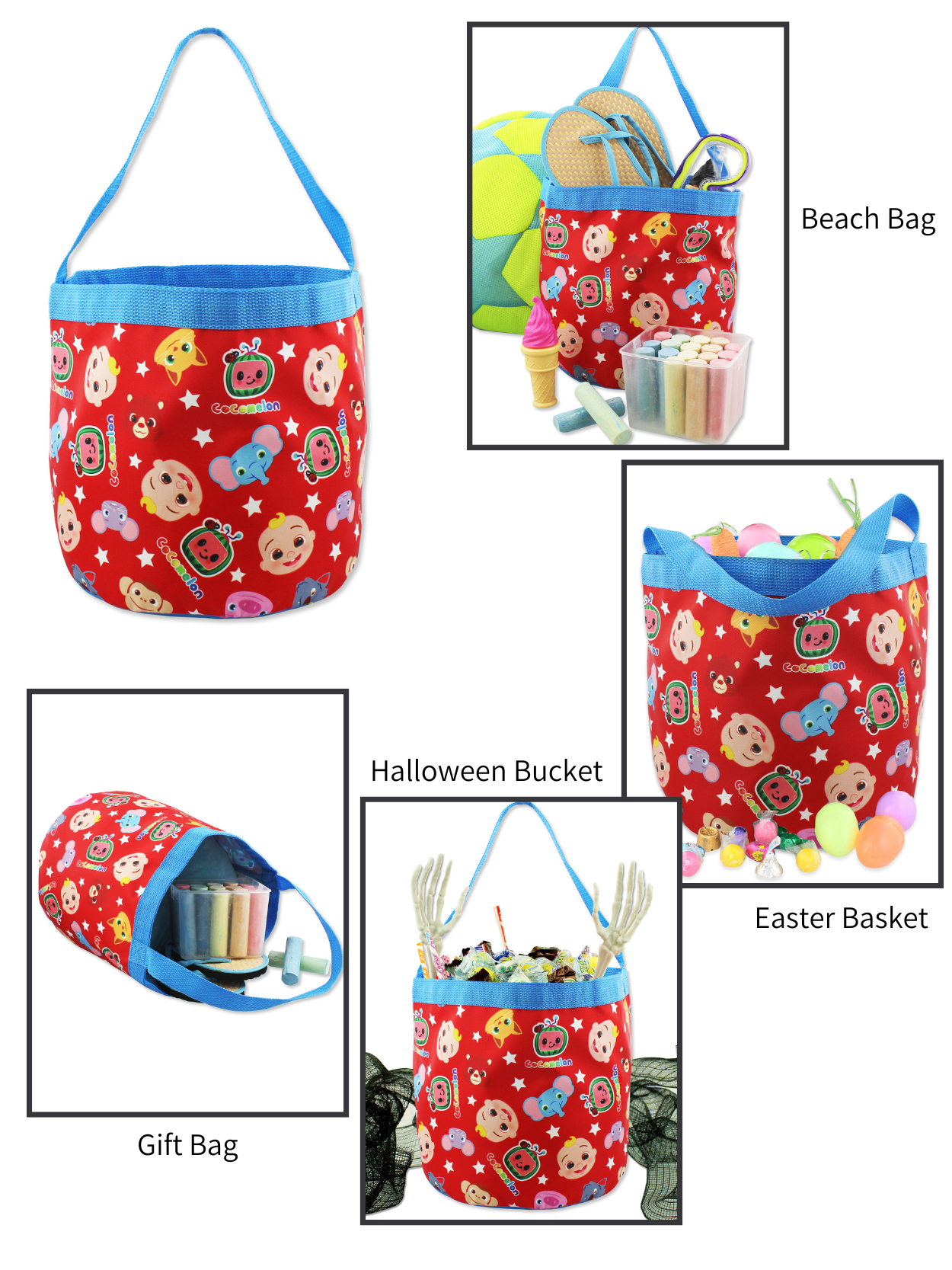 Cocomelon Collapsible Nylon Basket Bucket Toy Storage Tote Bag (One size, Red)
